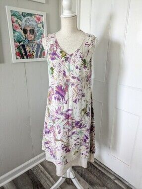 Click Color Me Cotton Linen Midi Sundress S Purple Cream Tropical Sleeveless NWT